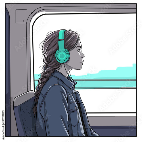 Girl on train looking out window with headphones with calm and introspective mood, minimalist black and white line illustration with bright teal headphone accents, vector style on white background 