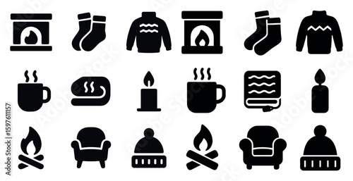 Cozy winter solid icons set – fireplace, sweater, and warm drink symbols curated