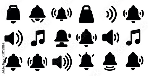 Music and sound silhouette icons set for audio, alarm and bell notifications