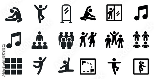 Dance and movement solid icons set – silhouette, filled, fitness and exercise symbols
