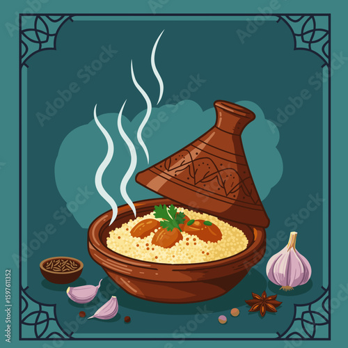 Moroccan couscous in traditional tagine dish decorative vector, warm mood, steam rising with surrounding spice elements in flat ornamental style and geometric framing