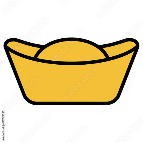 Yuan Bao gold ingot flat vector illustration, balanced mood, traditional symmetrical shape with thick black outline and solid golden yellow fill, minimal detail on white background 