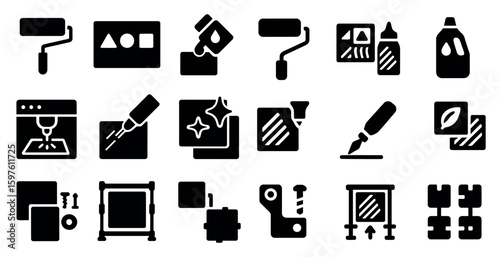 Printing process solid icons set – filled, graphic design and print production symbols