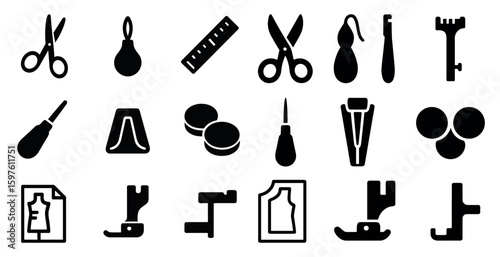 Sewing and tailoring solid icons set – flat, filled, dressmaking, crafting symbols