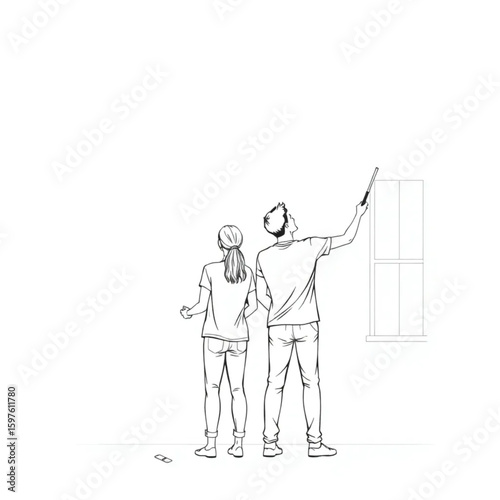 A young couple painting walls on the first day in a new home
