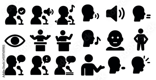 Communication silhouette icons set – solid, voice, interaction and speech symbols