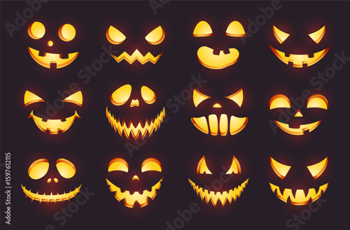 Glowing jack-o'-lantern faces in various styles on dark background, perfect for Halloween designs and party themes. Vector illustration.
