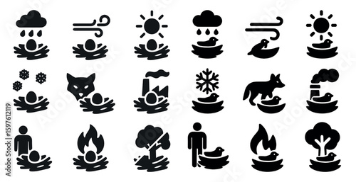 Environmental awareness solid icons set – filled, silhouette, nature conservation
