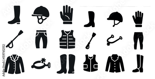 Riding equipment solid icons set – filled, equestrian, horse gear symbols
