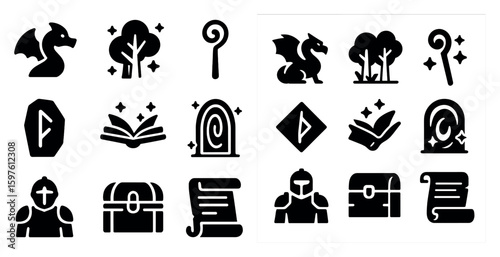 Fantasy and magic solid icons set – filled, enchanted symbols for role-playing games