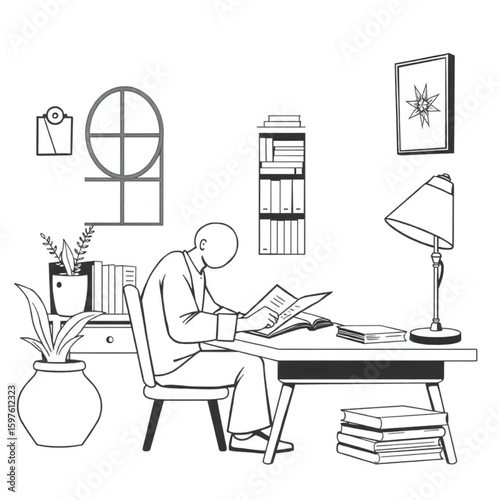 A writer editing a manuscript by lamplight in a small study