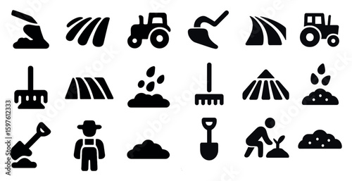 Farming and agriculture solid icons set – flat, filled, agribusiness and cultivation symbols