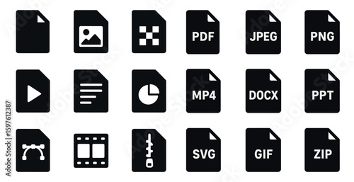 Document management solid icons set - silhouette, file formats, digital tools
