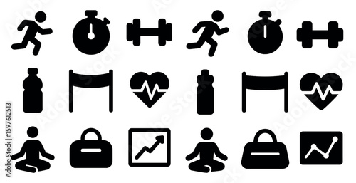 Fitness and exercise silhouette icons set – workout, gym, health symbols