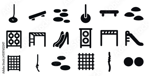 Playground equipment silhouette icons set – solid, filled, kid-friendly symbols