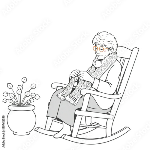 A grandmother knitting a cable scarf in a sunny porch rocker