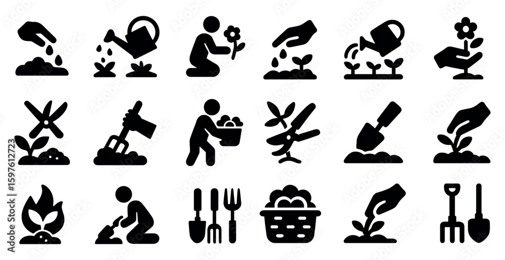Naklejka premium Gardening and farming solid icons set – filled, planting and horticulture symbols