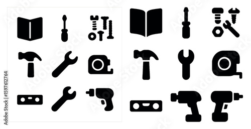 Tool and hardware solid icons set – construction, repair, diy symbols