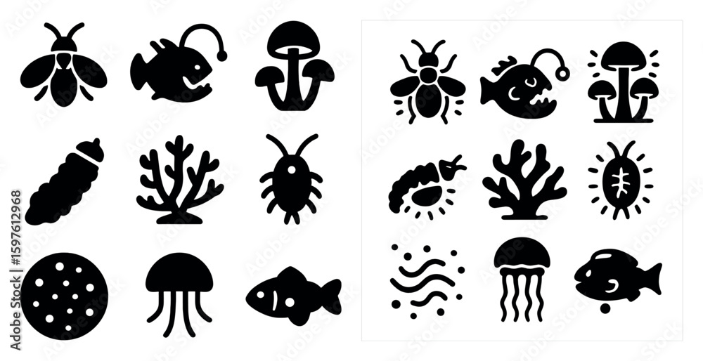 Obraz premium Marine life silhouette icons set – solid, filled, ocean and aquatic symbols