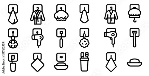 Bathroom accessories outline icons set – linear bath, grooming, hygiene symbols