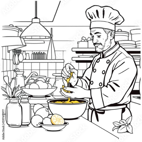 A commis chef zesting lemons for confit in a bustling kitchen