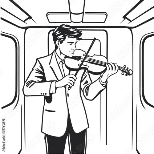 A violinist tuning strings before performing in the subway
