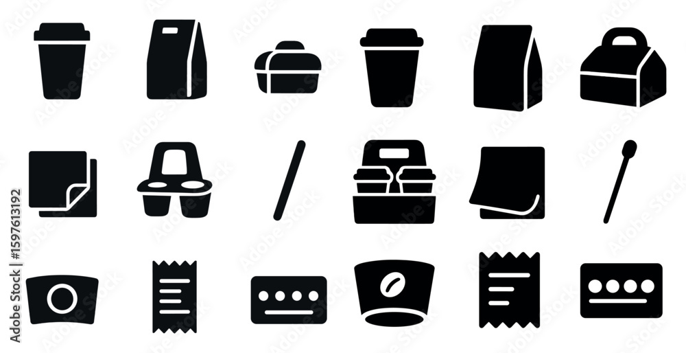 Fototapeta premium Food packaging solid icons set – filled, box and container symbols for branding