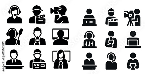 Broadcast and media silhouette icons set – solid, filled, communication symbols