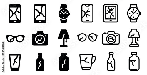 Broken objects solid icons set – silhouette, damaged, shattered design elements