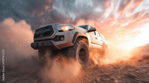 An off-road truck kicking up dust as it speeds across the desert landscape during a vibrant sunset, a moment of adventure.
