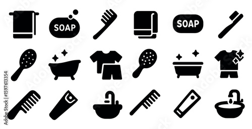 Bathroom essentials icons set – solid, filled, hygiene and grooming symbols