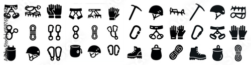 Climbing equipment silhouette icons set - gear, adventure, mountaineering tools