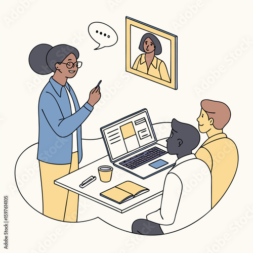 Cartoon vector illustration of businessmen and women working on laptops at their office desks