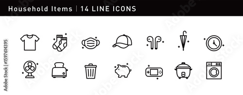 14 elegant icons showcase household items, including clothing, fan, washing machine, and earphones, capturing the convenience and practicality of daily life.