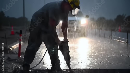 Nighttime Road Construction: Worker Using Jackhammer in Heavy Rain