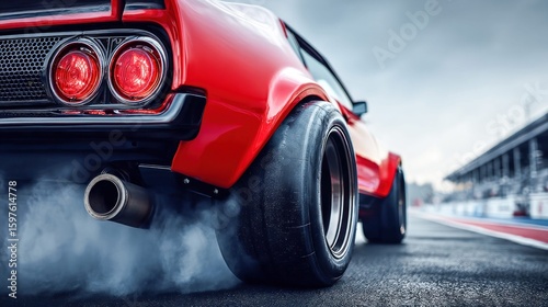 A vibrant red classic muscle car does a burnout on a race track, tires smoking dramatically.
