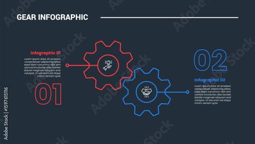 Gear shape infographic process diagram with simple gear up and down opposite direction with dark background bright outline style and 2 stages