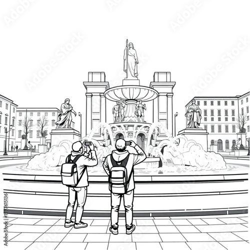A tourist photographing statues beside a gurgling city fountain