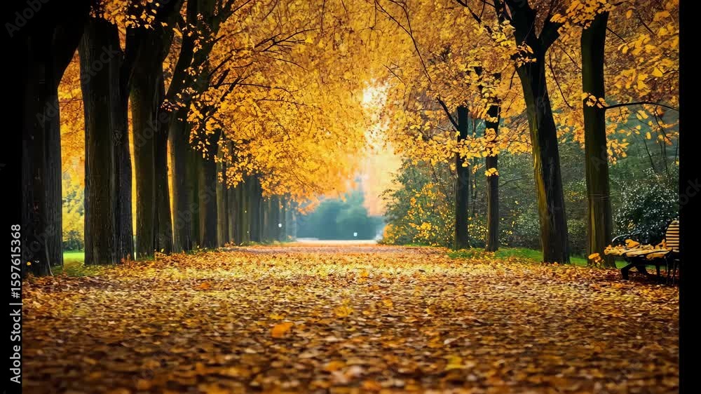 Golden fall foliage lines a tranquil path through the autumn forest