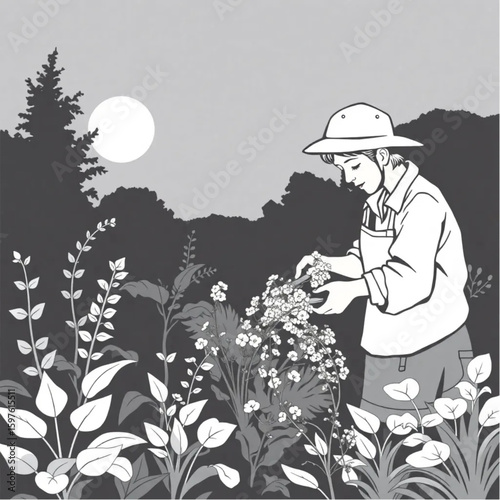 A gardener snipping herbs for an evening meal in twilight