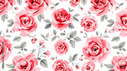 Watercolor background pattern red flowers Rose on white background