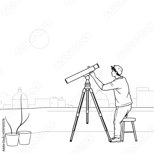 An amateur astronomer setting up a telescope on an apartment rooftop