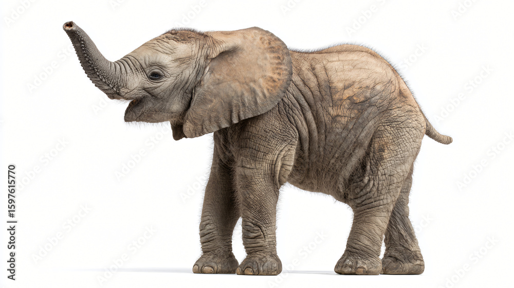 Obraz premium Joyful Elephant in Action: A charming elephant calf stands gracefully with its trunk raised in a gesture of joy, celebrating the wonders of nature.