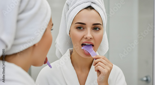 Woman in White Robe Using Purple Tongue Scraper in a Bright Bathroom in front of Mirror Showing Oral Hygiene Routine
