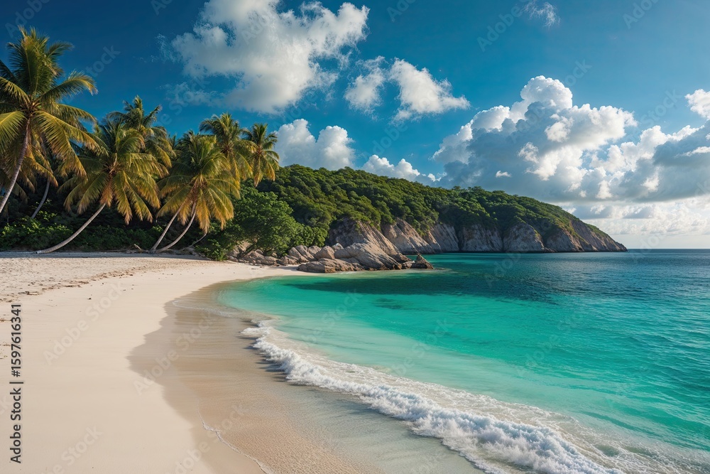 Fototapeta premium Breathtaking Sandy Bay with Swaying Palms and Stunning Teal Waters on a Caribbean Peninsula