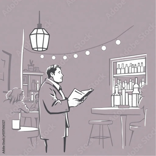 A city poet reciting by candlelight at a local bar