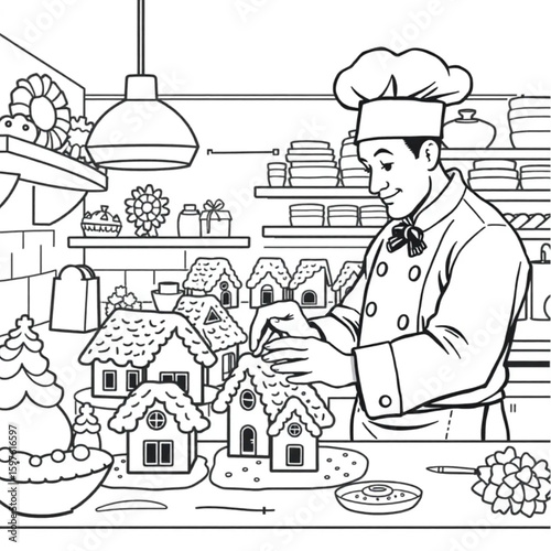 A pastry chef decorating gingerbread houses in a bustling kitchen