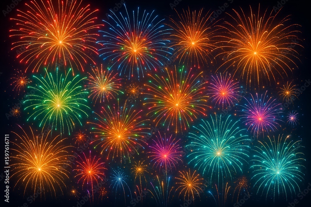 Vibrant fireworks explode in a dark night sky pyrotechnics Vibrant fireworks explode in a dark night sky pyrotechnics