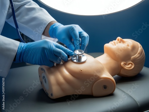 A doctor practices using a stethoscope on a mannequin
