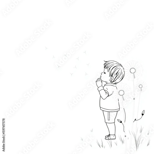 A child blowing on dandelion fluff by the roadside